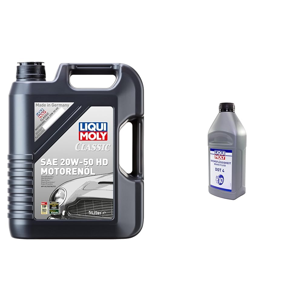 LIQUI MOLY Classic Motorenöl SAE 20W-50 HD | 5 L | mineralisches Motoröl | Art.-Nr.: 1129 & Bremsflüssigkeit DOT 4 | 1 L | Bremsflüssigkeit | Art.-Nr.: 21157