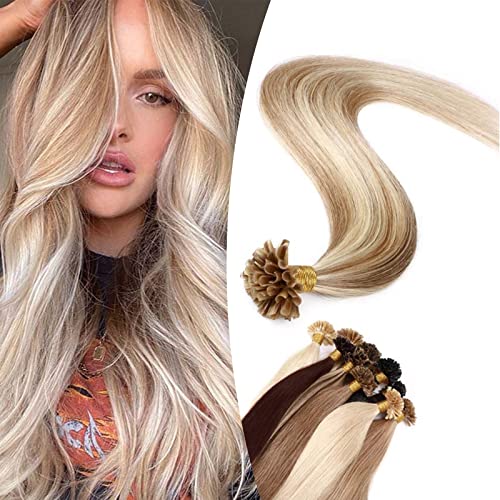SEGO Extension Cheveux Naturel Keratine 1g - Extension Keratine 50 Mèche Extension Keratine à Chaud Remy Hair - Extension Cheveux Keratine Blond - 60 cm 12P613#Brun Doré & Blond Blanchi