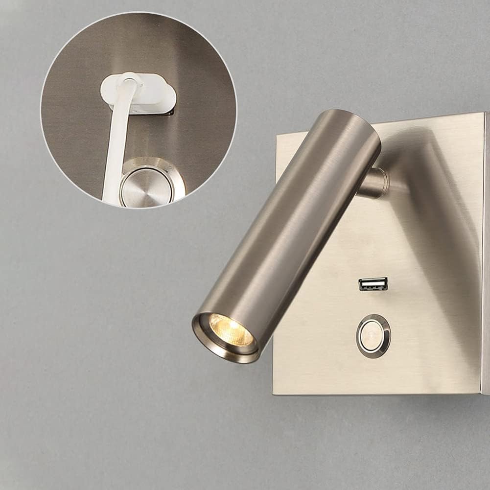 3W LED Wandleuchte mit Schalter und USB Ladeanschluss, Verstellbare Spotlicht Wand Leselampe Drehbar Innen Wandbeleuchtung Verchromt Quadratisch Nachttischlampe für Schlafzimmer, Flur