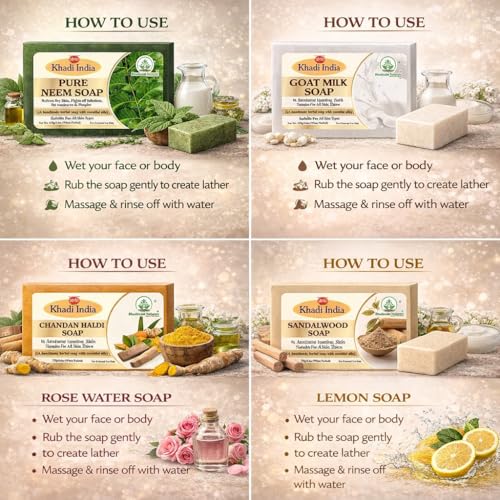 Image of Khadi Organic and Natural Handmade Bathing Soap for Men & Women | Assorted Herbal & Chemical-Free Face and Body Soap for Gentle Cleansing & Healthy Skin (Mixed Bar Soap (Pack of 6))