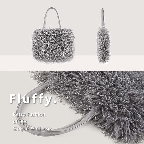Image of Women's Fuzzy Tote Bag Curly Handbag Furry Shoulder Bag Large Plush Top Handle Purses Winter