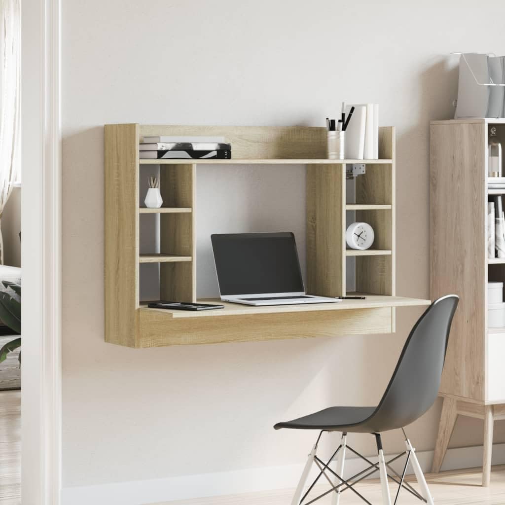 Scrivania da parete in rovere Sonoma, 105 x 48 x 75 cm, in legno con 6 scomparti, tavolo da ufficio salvaspazio per home office, scrivania da gioco, postazione di lavoro per PC, scrivania