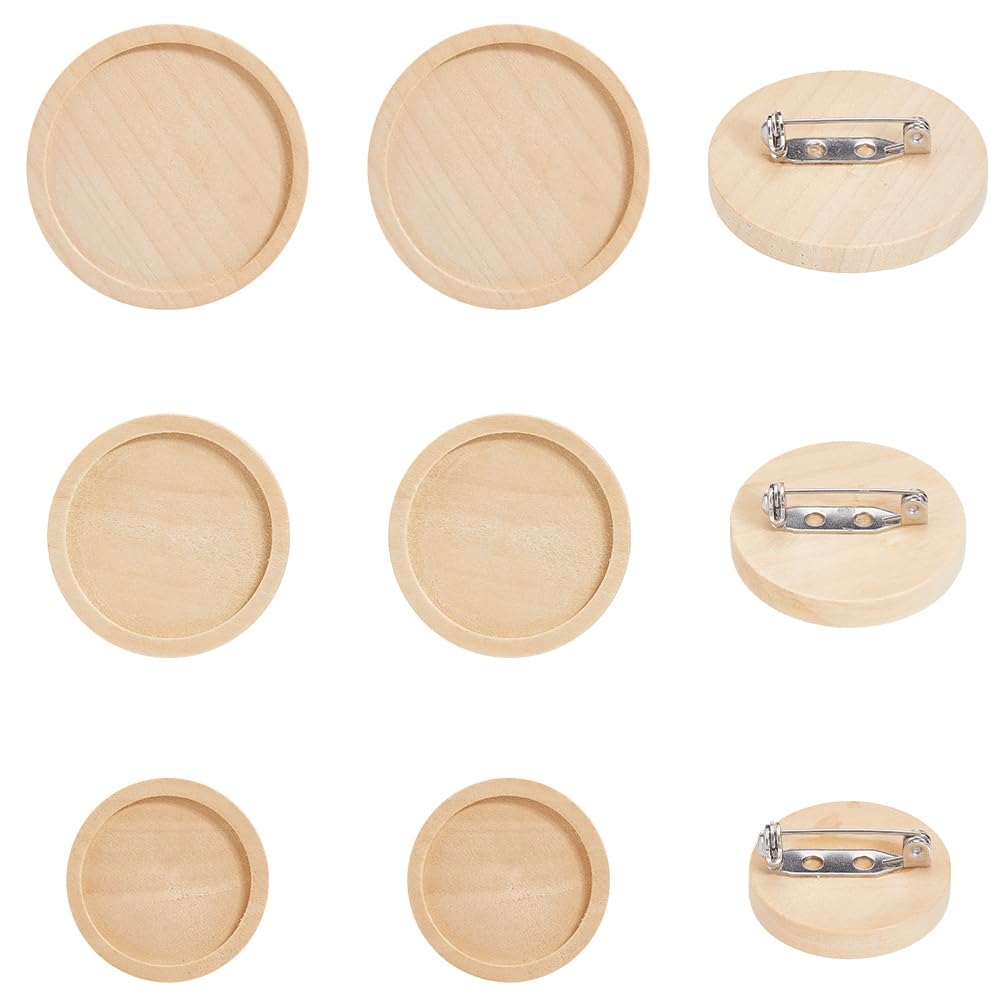SUNNYCLUE 24Pcs 3 Sizes Pin Brooch Cabochon Wooden Cabochon Blanks Bulk Natural Wood Basic Flat Round Frame Tray Lapel Brooches Settings with Stainless Steel Safety Pins for Jewelry Making DIY Crafts