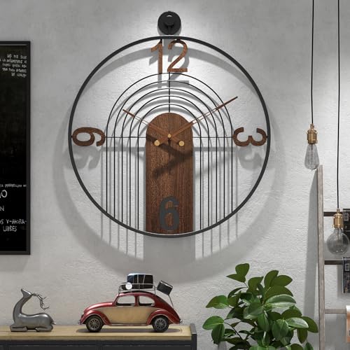 Image of Modern Large Walnut Dial Wall Clock, Wood Metal Frame Silent Non Ticking Wall Clocks Decoration for Living Room, Bedroom, Kitchen, Study, Handmade Home Decor Present Idea, 29.5 Inch