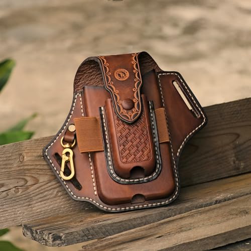 Image of Leather Cell Phone Holster Pouch Belt Case Multitool Camp EDC Sheath-Brown | All-in-One EDC Organizer, Bottom Charging Port, Magnetic Closure, Fits phones up to 6.7 inches,Great for Work or Everyday Use