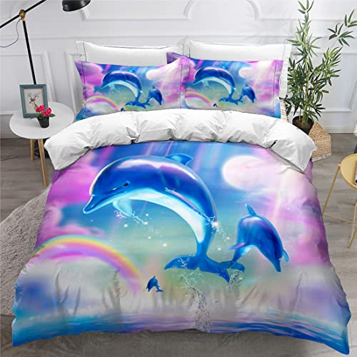 sonicpony Duvet Cover Set Full Queen Size Dolphin Comforter Cover for 3 Pieces Bedding Sets 3D Print Pink for Girls Children 1 Quilt Cover 2 Pillow sham SNO Comforter(Dolphin,Queen)