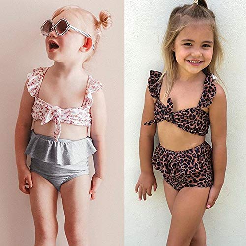 2Pcs Set Toddler Baby Girl Swimsuit Floral Leopard Ruffle Swimwear Bikini Tankini Sunsuit (A Leopard, 4-5T)