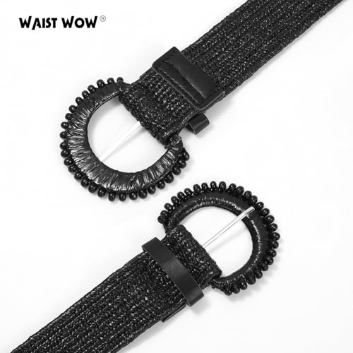 Image of Straw Woven Elastic Belt for Women Stretchy Belts for Dress Fashion Boho Waist Belt Rattan Raffia Ladies Belts