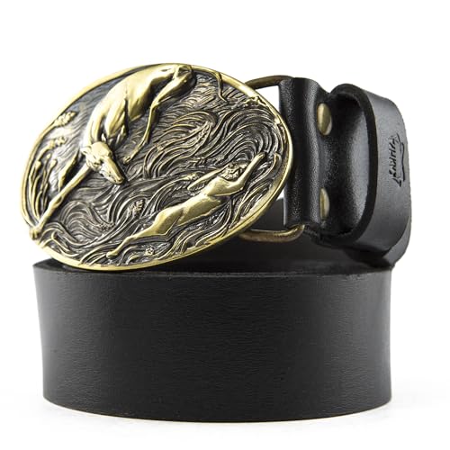 Leather belt with buckle Greyhounds hare hunting, Handmade Greyhounds hare hunting trophy solid brass belt buckle on leather belt