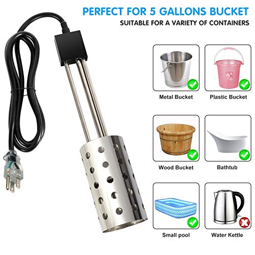Gesail 1500W Electric Immersion Heater, UL-Listed Bucket Water Heater with 304 Stainless-steel Guard, Submersible Bucket Heater with Thermostat and Auto Shutoff, LCD Thermometer Inlcuded