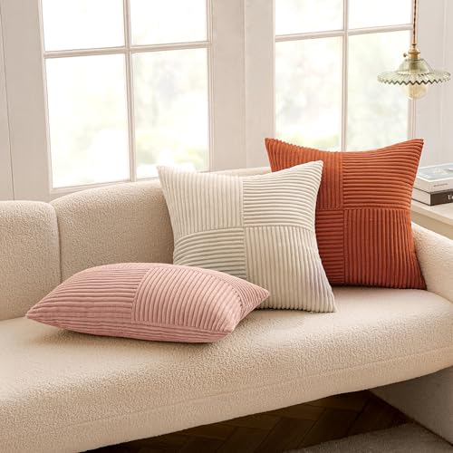 Image of MIULEE Pink Decorative Lumbar Throw Pillow Covers 12x20 Inch for Couch Bed Sofa Pack of 2 Boho Farmhouse Throw Pillows Soft Cross Corduroy Patchwork Textured Cushion Cases