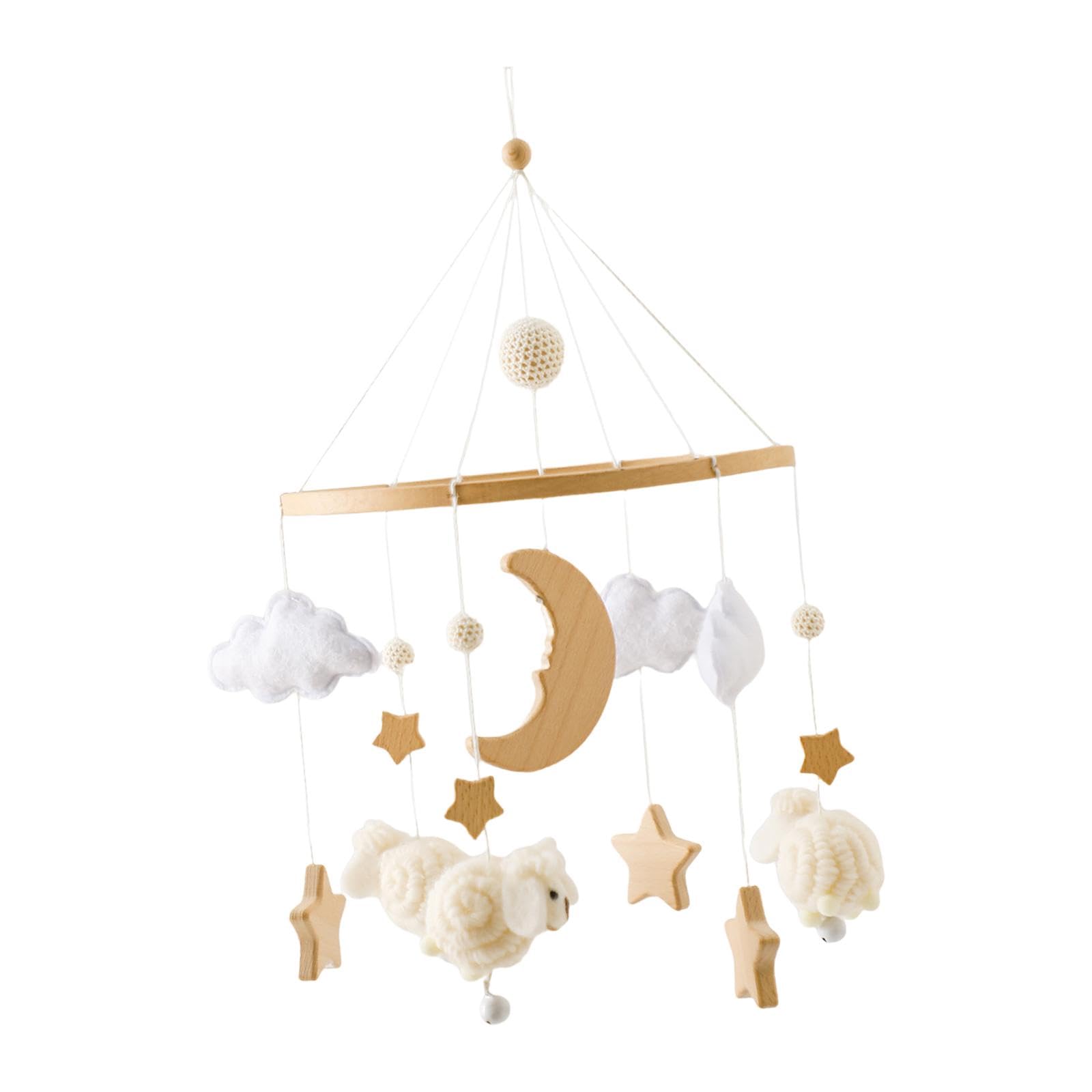 Mobile für Kinderbett mit Filzigen Hängenden Dekorationen Hölzerne Spieluhr mit Plüschpendel Und Windspiel Originelle Krippenmobile Zum Aufhängen, Beige