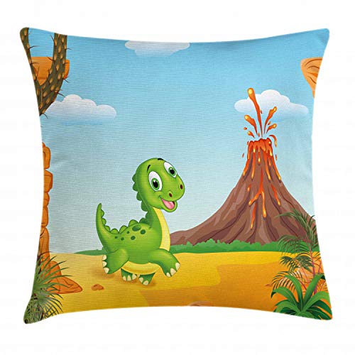 Lunarable Dino Throw Pillow Cushion Cover, Cartoon Style Dinosaur Walking Prehistoric Land Jungle Volcano Illustration, Decorative Square Accent Pillow Case, 36