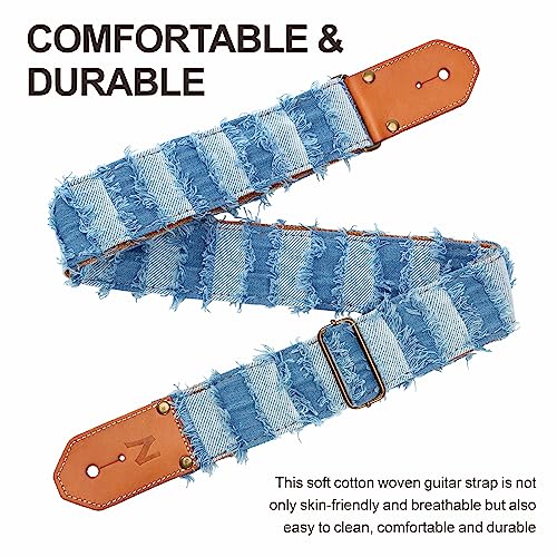 Sangle de guitare, Courroie de Guitare Denim à pompon bleu avec première couche épaisse de cuir de vache tanné au végétal pour Acoustique, Basse, Electrique, Cadeau pour Guitaristes et Musiciens - Les Beatles, Paul McCartney, John Lennon, RIngo Starr, George Harrison Sangle de guitare, Courroie de Guitare Denim à pompon bleu avec première couche épaisse de cuir de vache tanné au végétal pour Acoustique, Basse, Electrique, Cadeau pour Guitaristes et Musiciens – Image 3