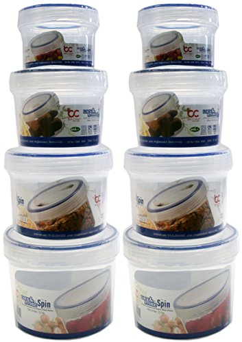 Set of 8 Lock & Store Spin Food Storage Containers! 4 Assorted Sizes - Spin Close Top - Microwave - Dishwasher - Freezer Safe - BPA FREE - Easy, Clean and Hygienic Food Storage for Modular Homes! (8)