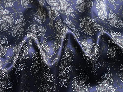 Navy Retro Paisley Pattern Print Satin Fabric Soft Silky Charmeuse Lining Material Scarf Pajamas Fabric Headwear DIY Decoration Material 100cm*148cm (6 Navy)2