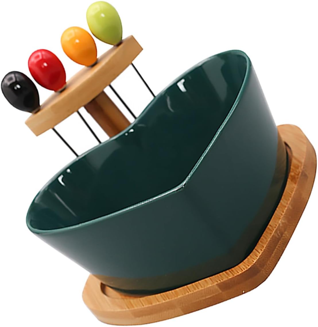 Cabilock Ceramic Fruit Bowl with Forks Heart-shaped Porcelain Salad Plate Green Snack Serving Dish for Kitchen and Living Room