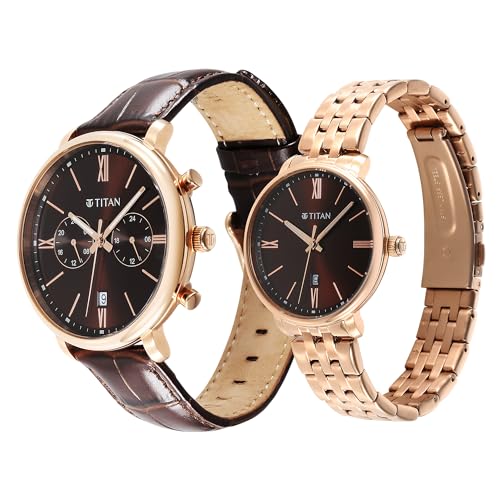 Titan Bandhan Quartz Analog with Date Brown Leather and Stainless Steel Strap for Couple-9400794207WZ02P - Image 5