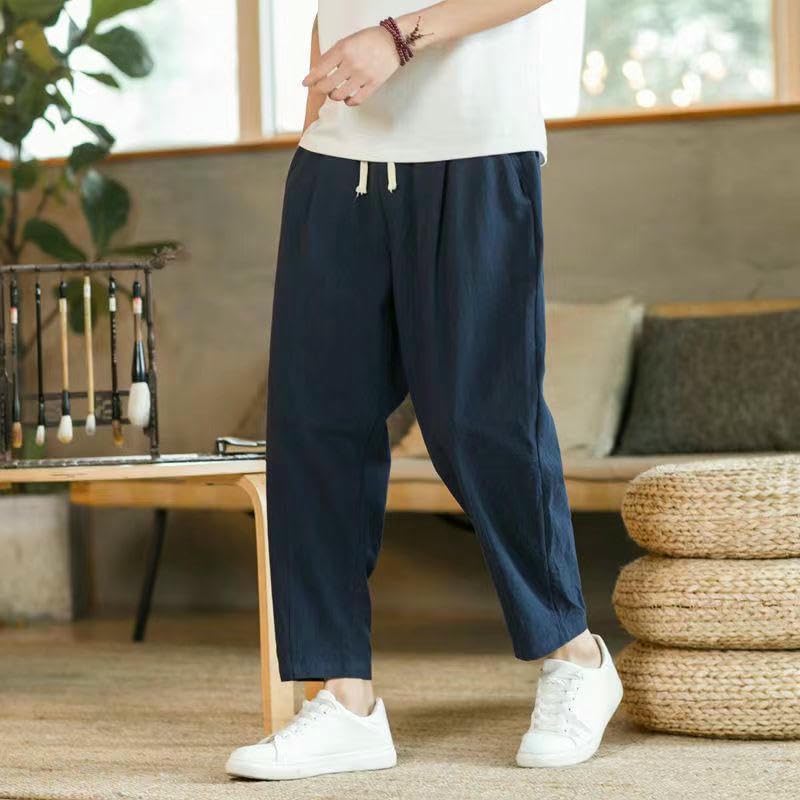 Men's Summer Lightweight Loose-Fit Korean Style Cotton Linen Casual Slim-Leg Nine-Point Pants4
