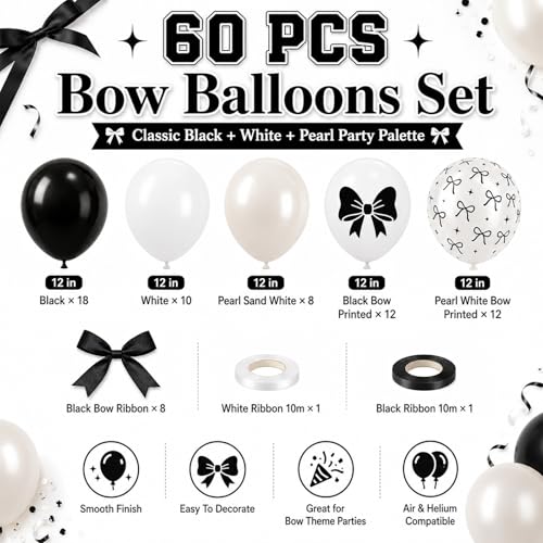 Image of Bow Balloons, 60Pcs Black Bows Balloon, 12 Inch Latex Black and White Bow Printed Balloons with Cute Bows Ribbons for Women Girls Birthday Party Baby Shower Bridal Shower Bow Theme Party Decorations