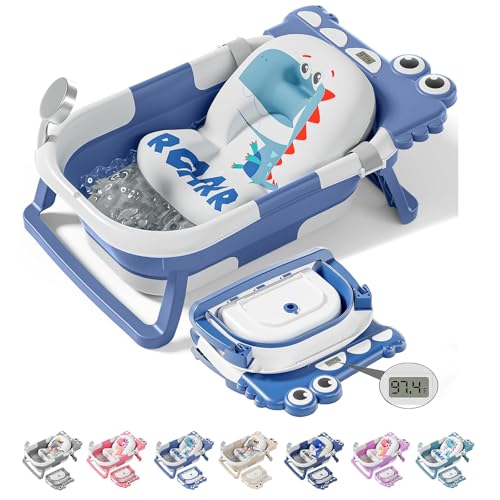Image of TPN Collapsible Baby Bathtub, Baby Bath Tub with Soft Cushion & Real-Time Thermometer, Baby Bathtub Infant to Toddler Tub (0-36 Months), Portable Travel Baby Tubs for Newborns (Blue)