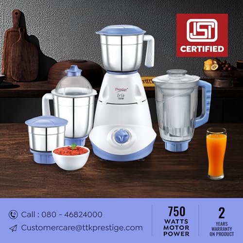 Prestige Iris 750 Watt Mixer Grinder with 3 Stainless Steel Jar + 1 Juicer Jar (White and Blue) (Image - 6)
