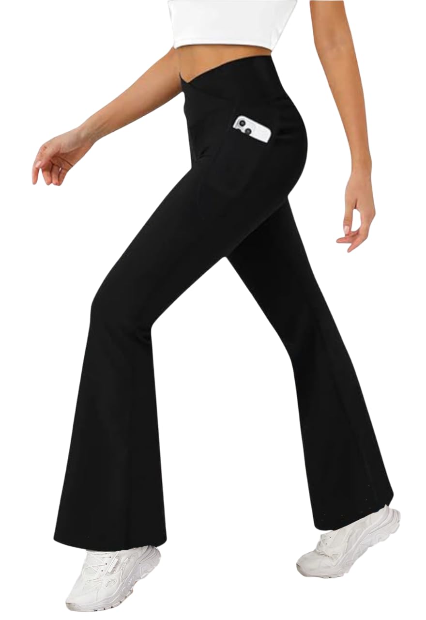 Women's Crossover High Waist Flared Yoga Pants with Phone Pocket, Comfort-Fit, Track Pants, Gym Tights