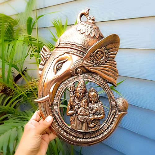 Image of Apka Mart The Online Shop Ganesha Wall Hanging|Ganesh With Shiv Parvati Wall Hanging Religious Wall Decor For Home Entrance (Metal-Alloy|Color-Copper Shade|Size-16 Inch)