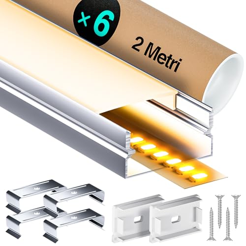 LASLUX Perfil de aluminio para LED (6 x 2 m, 12 m), perfil de superficie de aluminio para tiras LED de hasta 15 mm de ancho con cubierta de policarbonato blanco leche y juego de accesorios (SP58)