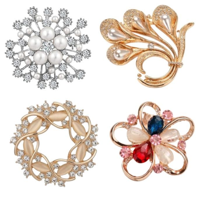 Pearl Crystal Snowflake Flower Design Brooch Pin Badge Fashionable Charming Dress Scarves Shawl Clip Clothes Bags Decoration Jewelry Gift for Women Girls (PACK OF 4)-image-44