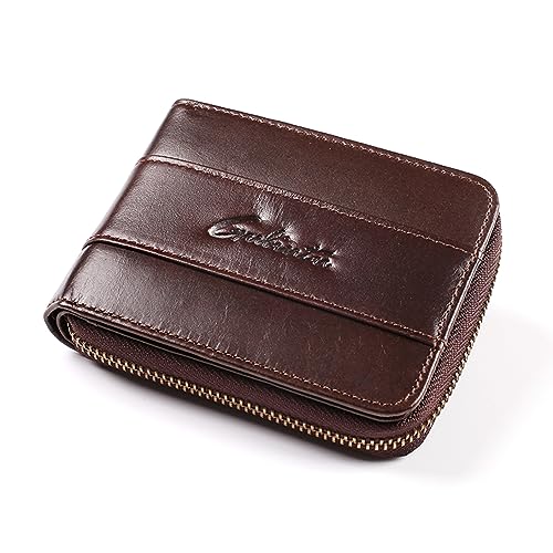 Wallet for Men-Genuine Leather RFID Blocking Bifold Stylish Zip Wallet With 1 ID Window 5010# (Dark coffee)