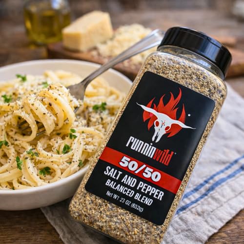 Image of 50 /50 Salt and Pepper Seasoning, 23 oz | Premium Flake Kosher Salt & 16 Mesh Black Pepper Blend with Extra Virgin Olive Oil | Texas-Style Rub for Brisket, Steak, Burgers, Chicken & More