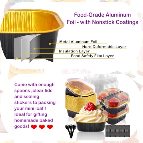 BZIDII 10oz Mini Cake Pans With Lids 50 Pack Aluminum Foil Square Brownie Baking Cups,Disposable Loaf Pans With Lids and Spoons Stickers,Large Cupcake Pans Muffin Tins Cake Container(Black) by BZIDII - Image 4