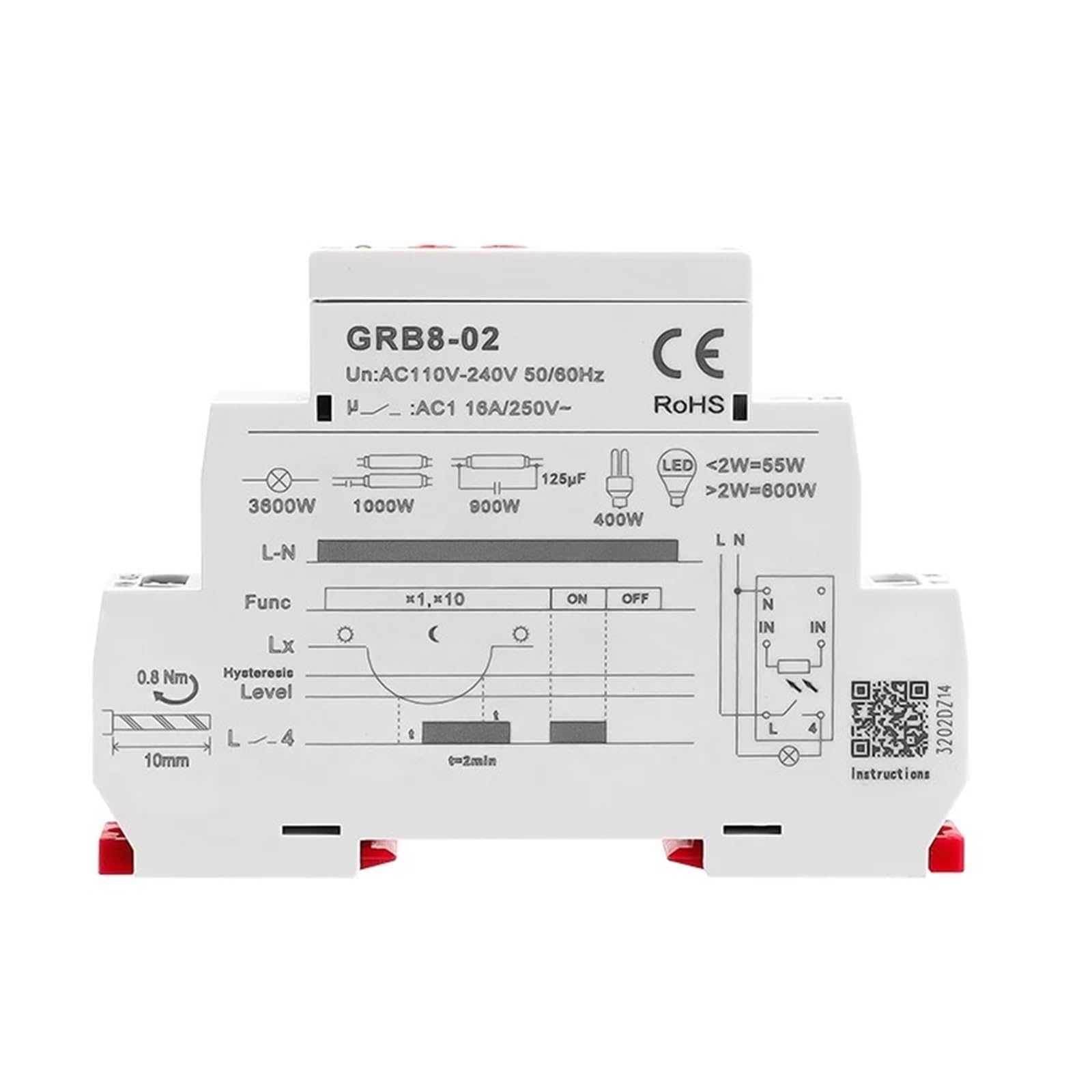 GRB8-01/02 Interruptor crepuscular de riel DIN Temporizador fotoeléctrico Sensor de luz Relé CA 110 V-240 V Automático(GRB8-01 AC110-240V)
