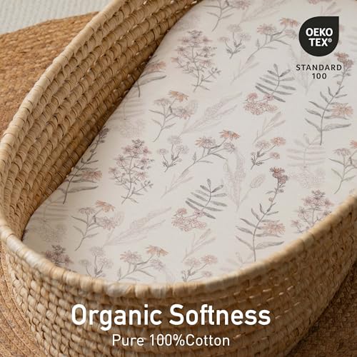 Image of Gllquen Baby Organic Cotton Bassinet Sheets (33 inchx17 inch) 2-Pack Pink Floral | 100% Cotton Bassinet Mattress Sheets, Compatible with Halo, Graco, Baby Delight. Soft, universal fitted for girls boys unisex