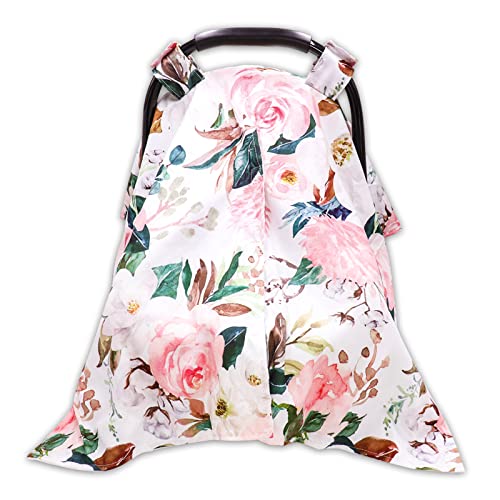 Image of DILIMI Car Seat Covers for Babies, Peekaboo Opening Infant Car Seat Canopy for Baby Boys Girls, 2 in 1 Mom Nursing Breastfeeding Covers, Minky Warm Carseat Canopy for Newborn, Pink Flower