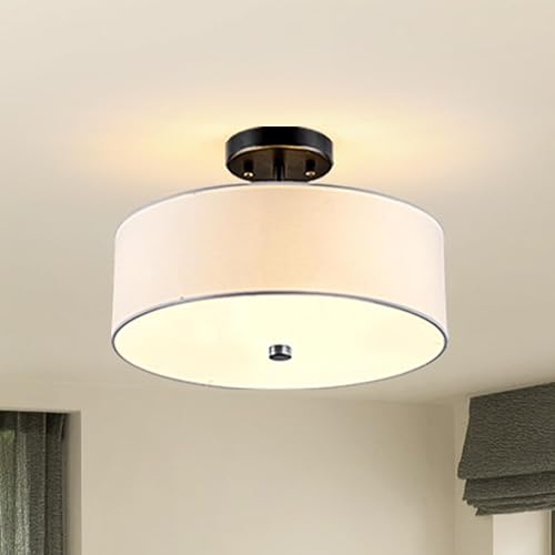 Miniatura 7 de Lámpara de techo semiempotrada de 3 luces, luz de tambor negra de 13 pulgadas, moderna lámpara de techo con pantalla de tela blanca para dormitorio,