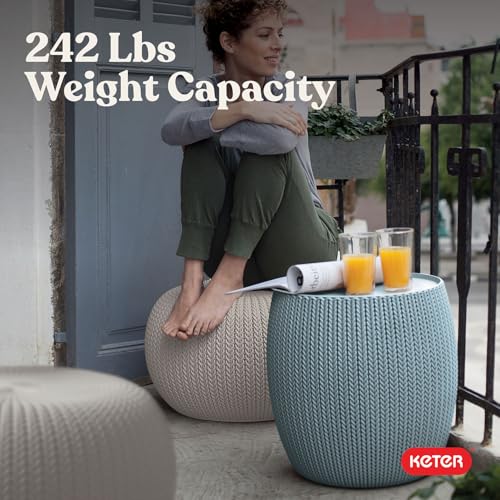 Image of Keter Urban Knit Pouf Ottoman Set of 2 with Storage Table for Patio and Room Decor - Perfect for Balcony, Deck, and Outdoor Seating, Grey & White