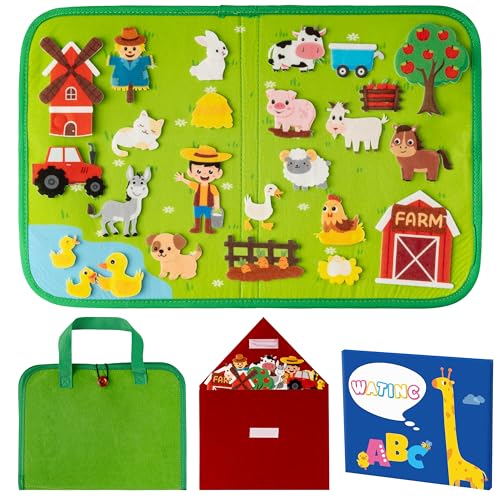 WATINC Travel Felt Board Story Set - 25PCS Portable Felt Board Educational Birthday Gift for Boys & Girls, Themed Storytelling Preschool Early Learning Interactive Play Kit for Toddlers (Farm Animals)