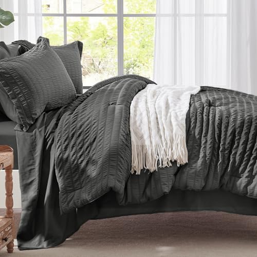 Image of Zzlpp Twin Comforter Set 5 pieces, Dark Grey Seersucker Bed in a Bag with Comforter and Sheets, All Season Bedding Sets with 1 Comforter, 1 Pillow Sham, 1 Pillowcase, 1 Flat Sheet, 1 Fitted Sheet