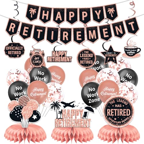 25Pcs Retirement Party Decorations for Women, Rose Gold Happy Retirement Banner Balloons Party Supplies, The Legend Has Retired Farewell Theme Honeycomb Centerpiece Swirl Decor