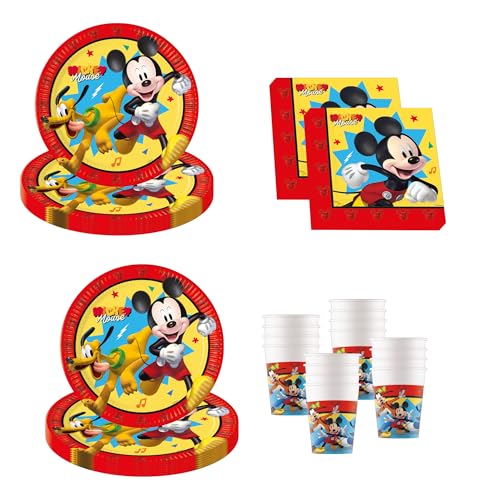 Procos - Mickey Mouse Jump Into Fun décoration d'anniversaire, 52 pièces, assiettes en carton, gobelets et serviettes pour anniversaire d'enfant, vaisselle...