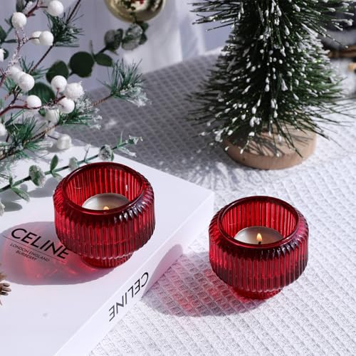 Woho TAPER RED CANDLESTICK HOLDERS Red Taper Candle Holders Set Of 4 For Christmas Decorations, Reversible Ribbed Glass Candlestick Holders For Wedding Table, Vintage Candle Sticks Holder Decor For Valentines Day Decor thumb #4