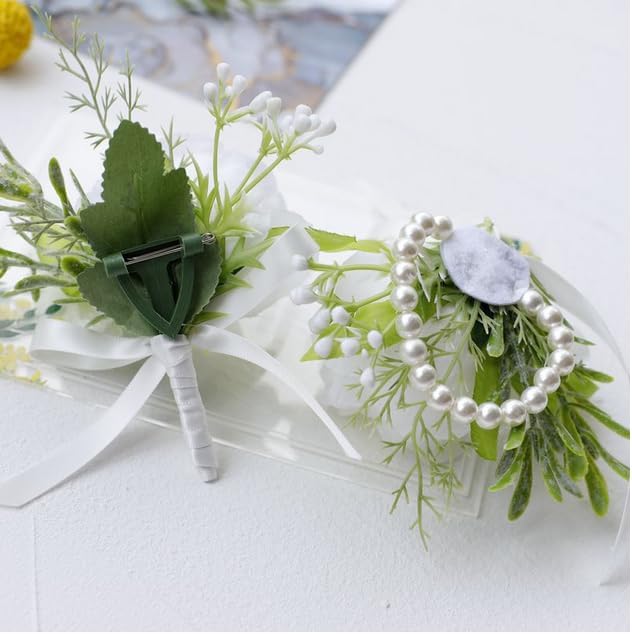 Rikyo 2Pcs White Rose Flower Wrist Corsage Boutonniere Set,3" White Corsage and Boutonniere Set, Wrist Corsage Wristband,Brides Wedding Flowers Accessories Prom Suit Decor - Image 9
