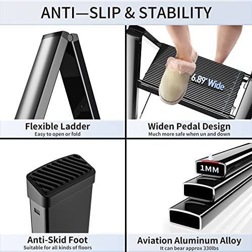 Step Ladder Folding 2 Step Stool Aluminium Anti-Slip Wide Pedal Portable Stepladder Storage Shelf Rack Home Kitchen Lightweight Ladders,Black #TOP5