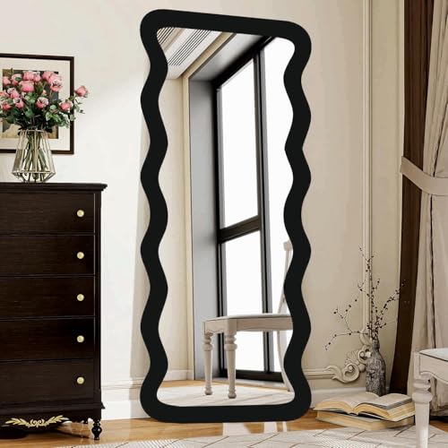 Image of Creative Arts n Frames 22 x 52 inch Full Length Dressing Chevel Long MDF Wood Zigzag Curvy Irregular Shape Framed HD Mirror Home Decor Items (Classic Black Zigzag2 Full Length Mirror)