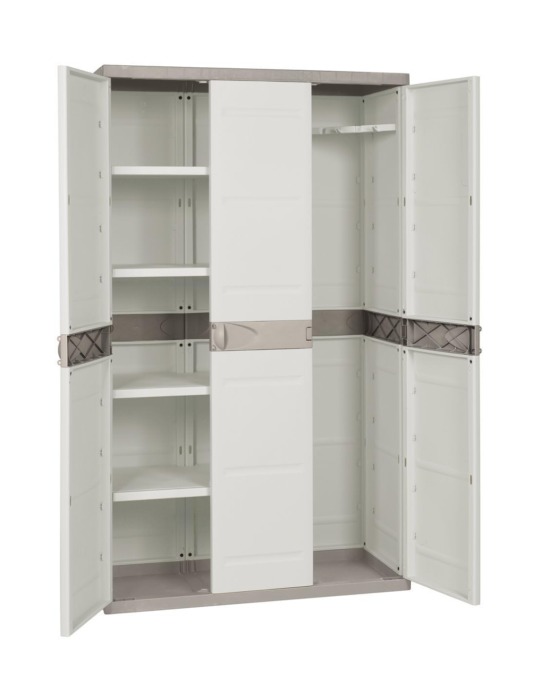 Jardin202 - Armario de 4 estantes de Resina | 3 Puertas | con Escobero | Titanium Beige | 105x44x176 cm | Beige