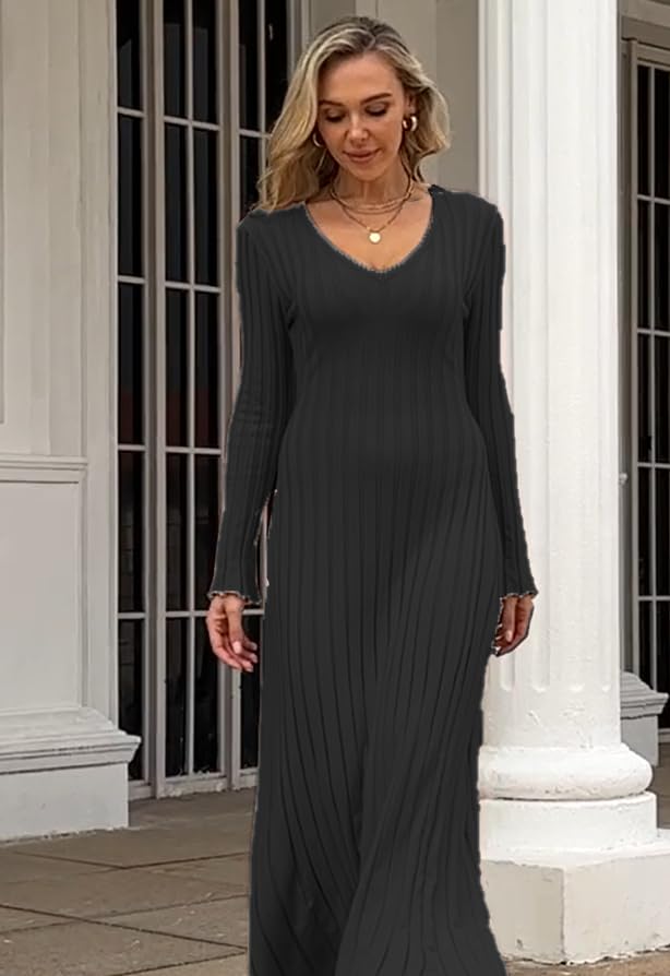 Image of Women's Long Sleeve Sweater Dress Ankle Length Fall Dress Vneck Knit Winter Dress