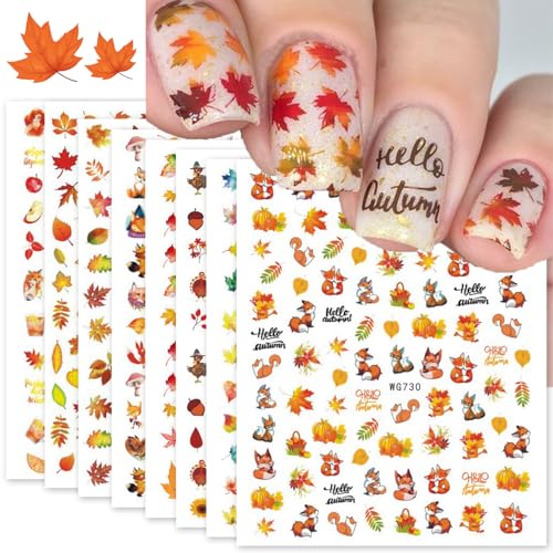 8 Sheets Maple Leaves Nail Art Stickers Fall 3D Self-Adhesive Stickers Decals Thanksgiving Nail Stickers Nail Decorations Decals Golden Leaves Designs Autumn Nail Art Decorations for Women