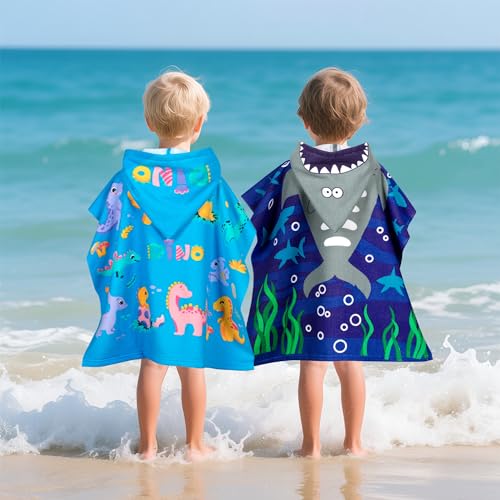 Image of growell Hooded Kids Beach Towels - Toddler Bath Towel Girls Boys Swim Cover-ups for Ages 1 to 6 Kids Pool Towels Quick Dry Lightweight Soft Microfiber Poncho Towel 24x23 (Dinosaur Sky Blue)